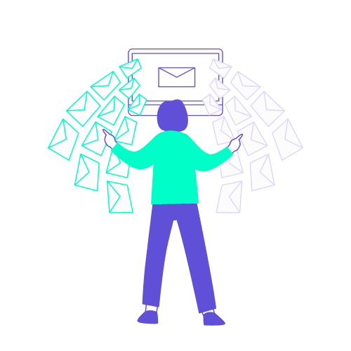 tally formulaires outils digitaux office manager Illustration montrant une personne de dos, les bras ouverts, dirigeant un flux massif de nombreuses enveloppes de courriers turquoise et violets vers un écran d'ordinateur central.