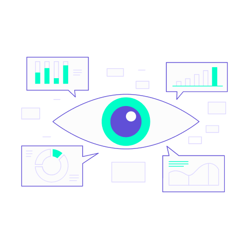 visibilite budget cout deplacement non maitrise Illustration vectorielle d'un grand œil entouré de graphiques financiers, représentant le manque de visibilité et le coût de déplacement non maîtrisé.