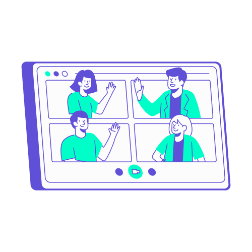 zoom visioconference outils digitaux office manager Illustration représentant une interface d'appel vidéo divisée en quatre fenêtres, montrant deux femmes et deux hommes qui se saluent de la main.