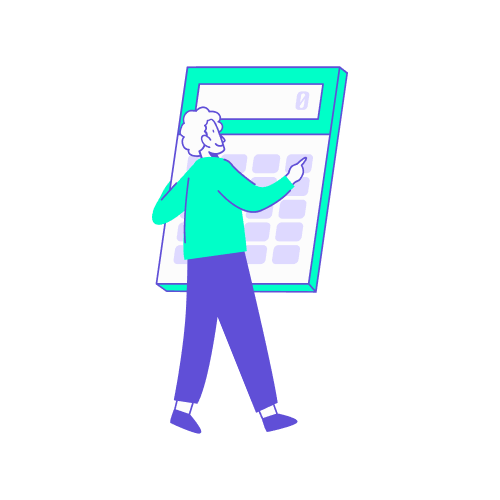 Personnage stylisé utilisant une calculatrice géante pour calculer l'empreinte carbone des transports selon les facteurs d'émission de l'ADEME.