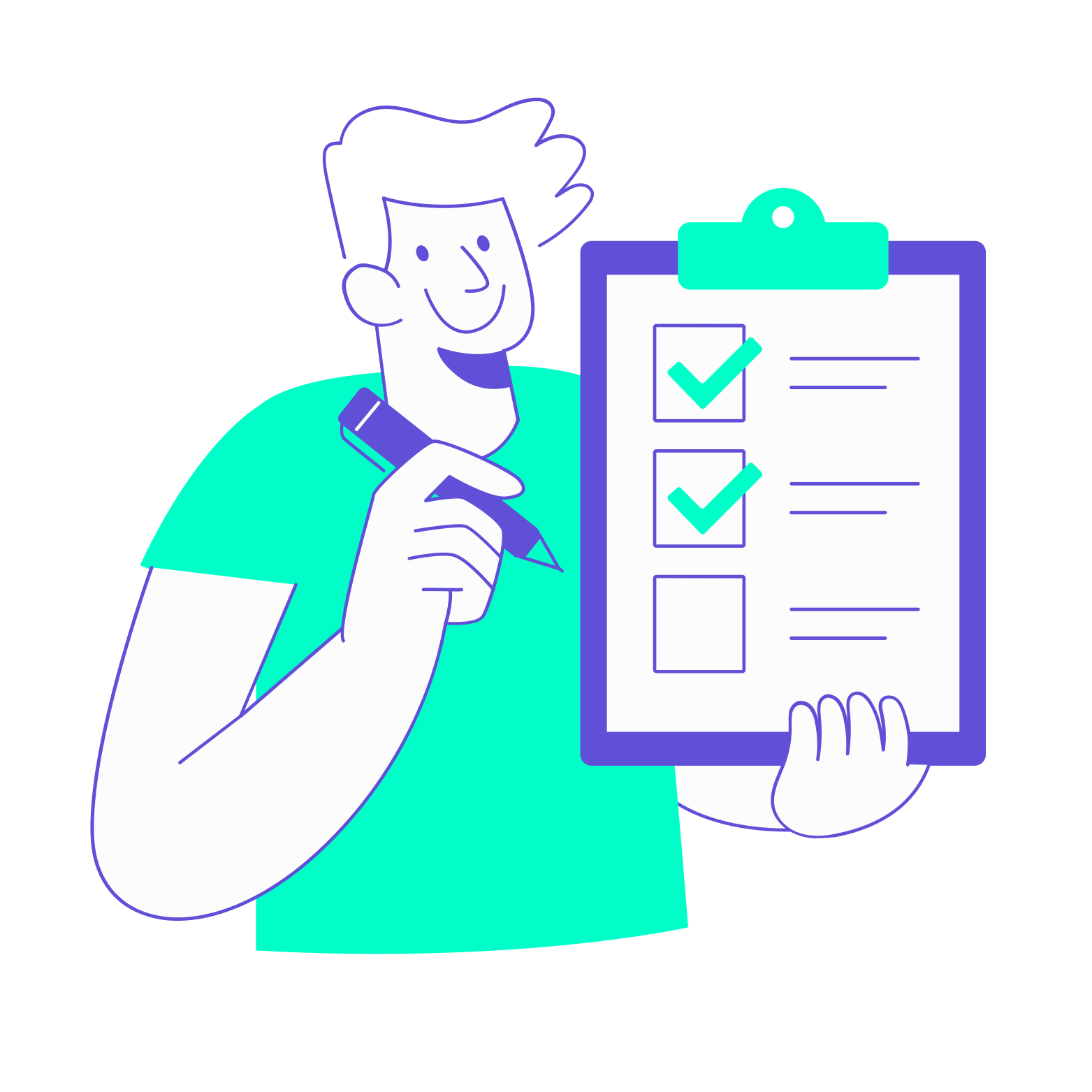 Un collaborateur souriant valide les étapes d'une check-list sur un porte-bloc, représentant le processus de certification pour réduire l'empreinte carbone de ses voyages d'affaires.
