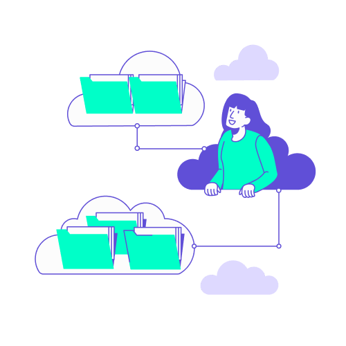 Une femme organisant des dossiers de données dans des nuages connectés, illustrant la collecte des sources d'information avant le calcul du bilan carbone des transports.