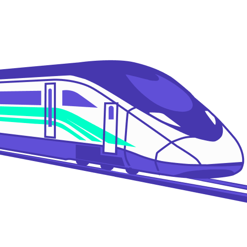 Illustration d'un train à grande vitesse OUIGO bleu et vert circulant sur des rails, représentant la couverture géographique de OUIGO en voyage d'affaires.
