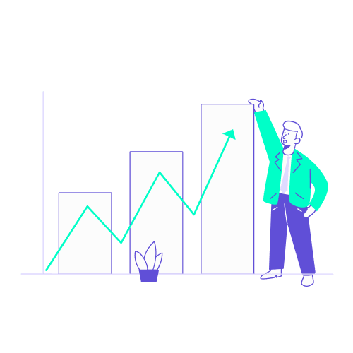 Illustration conceptuelle montrant un homme d'affaires à côté d'un graphique à barres en croissance avec une flèche ascendante, symbolisant les étapes pour mesurer et suivre l'empreinte carbone des déplacements professionnels.