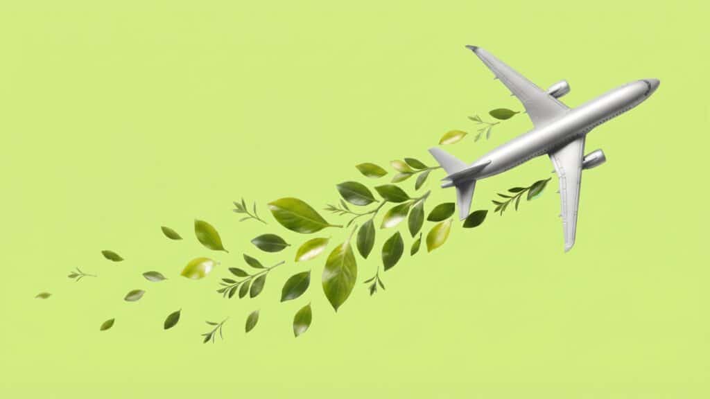 Avion écologique laissant une traînée de feuilles vertes pour la réduction de l'empreinte carbone des voyages d'affaires