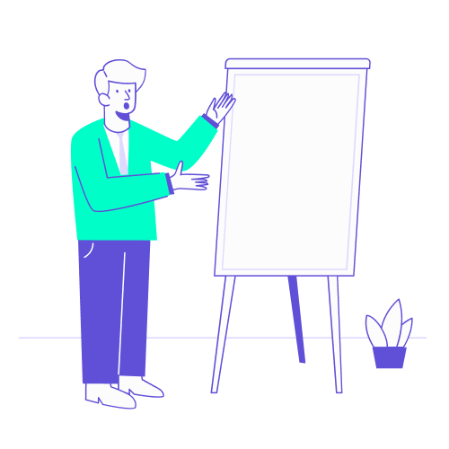 Un intervenant présente un tableau blanc vide, illustrant la synthèse et les points clés à retenir pour concevoir un modèle de politique voyages d'entreprise.