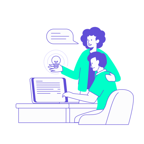 Une personne conseillant un collègue qui travaille sur un ordinateur, représentant l'accompagnement et l'autonomie offerts par la Supertripper application mobile.