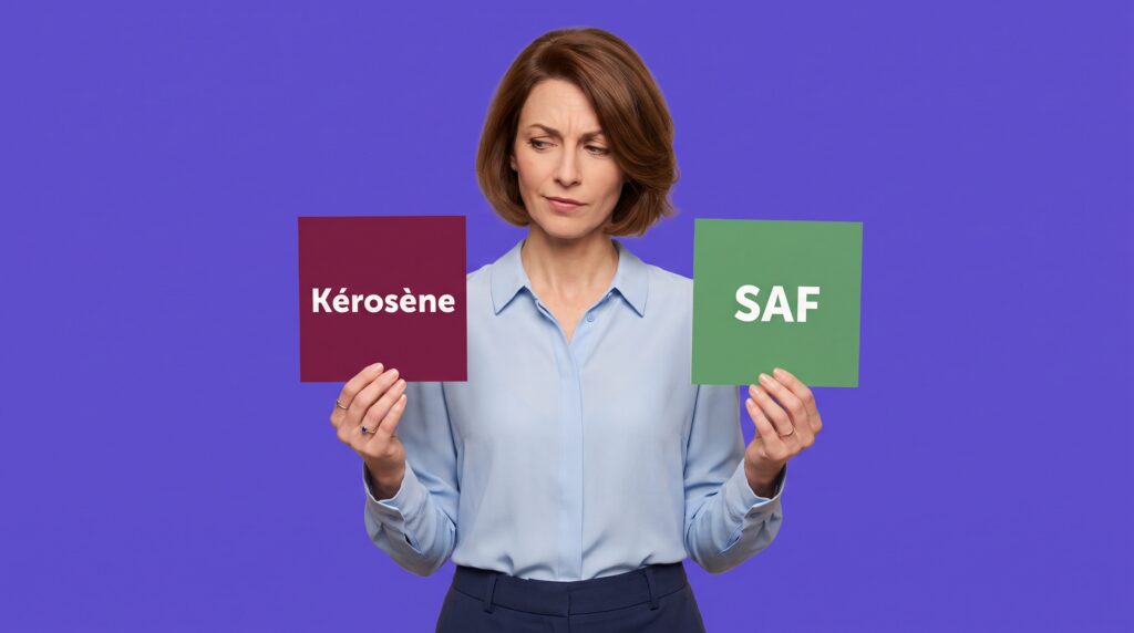 Une professionnelle hésite en comparant deux pancartes affichant Kérosène et SAF, illustrant l'arbitrage en faveur du carburant durable aviation.