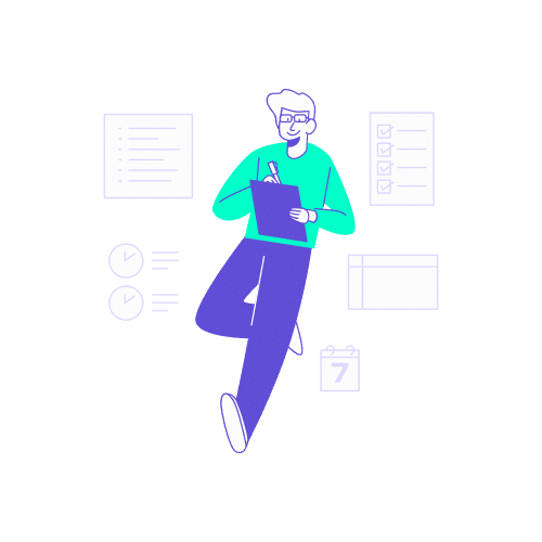 Un professionnel tenant un bloc-notes entoure par des icônes d'organisation et de calendrier, représentant l'écosystème global de la Supertripper application mobile.