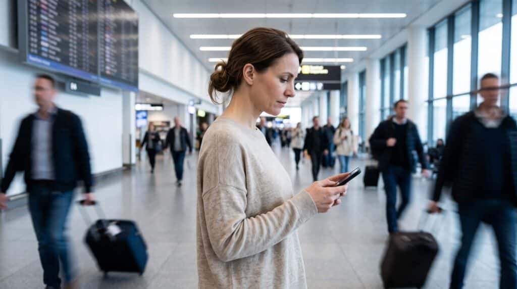 Plan d'une professionnelle en voyage d'affaires à l'aéroport, utilisant son téléphone portable pour la coordination et la gestion des risques. Elle semble vérifier des informations de voyage cruciales, symbolisant l'importance de la préparation et de l'accès à l'information dans la gestion des risques en voyage d'affaires.
