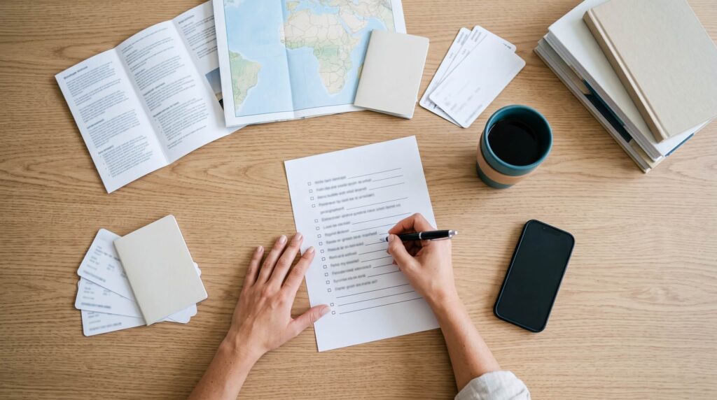 Photographie en plongée d'une personne organisant un déplacement professionnel. Elle coche une liste sur une feuille de papier, entourée de billets d'avion, de passeports, d'une carte du monde, d'un smartphone et d'une tasse de café. Cette image symbolise le processus de logistique et réservations des voyages d'affaires pour les entreprises.