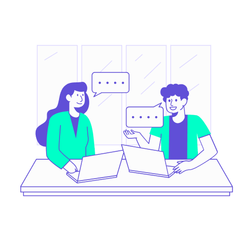 Illustration de deux collaborateurs discutant de la formalisation des consignes pour l'avion et le train en déplacement professionnel.