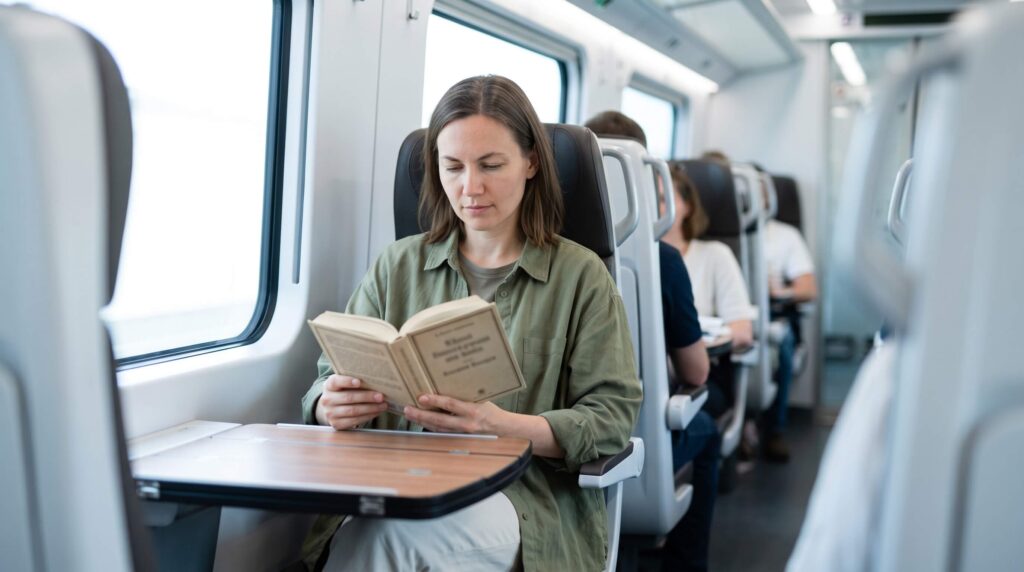 Femme en tenue professionnelle décontractée dans un train à grande vitesse, concentrée sur un livre. Elle incarne la mobilité durable et les voyages d'affaires écoresponsables, avec d'autres passagers flous en arrière-plan.