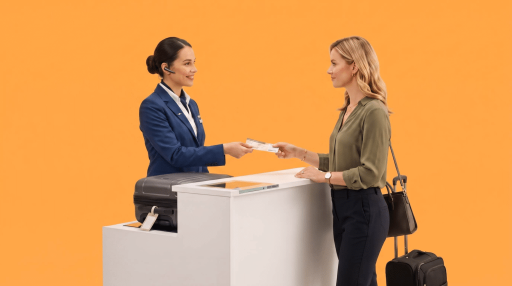 Une salariée en déplacement professionnel, accompagnée de son travel manager ou d'un collègue, s'enregistre ou s'organise après un vol annulé ou retardé, en suivant une procédure claire.