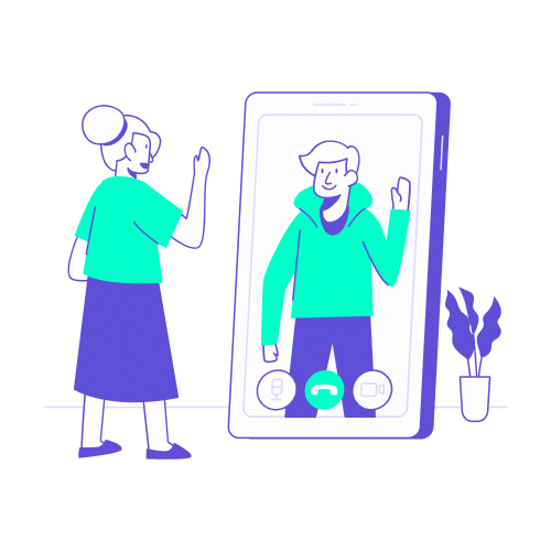Une femme saluant son interlocuteur lors d'un appel vidéo sur un smartphone géant, symbolisant le support humain accessible via la Supertripper application mobile.
