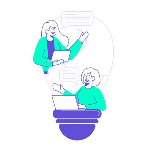 Deux collaboratrices échangeant sur leurs ordinateurs via une ampoule stylisée, illustrant la validation de réservations à distance sur la Supertripper application mobile.