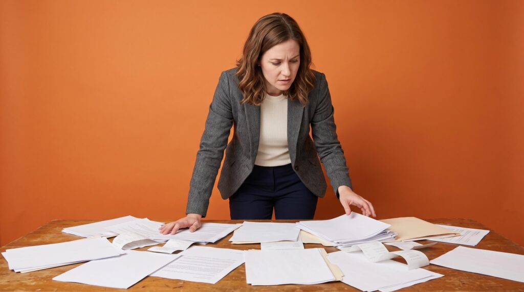 Femme d'affaires dépassée par l'accumulation de reçus et factures sur son bureau avant la mise en place d'une facturation centralisée des voyages d'affaires.