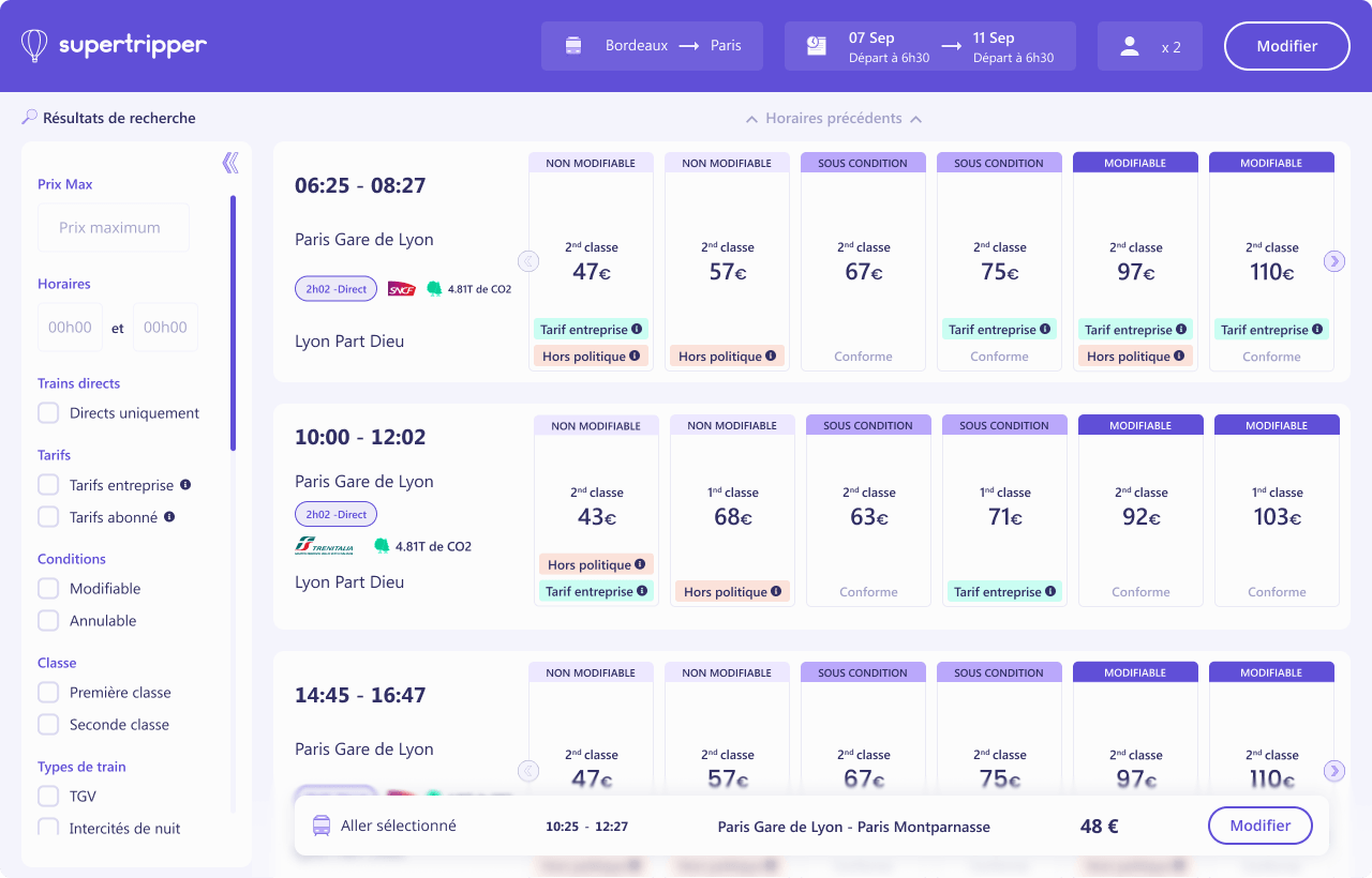 interface train supertripper tarifs classes par conditions