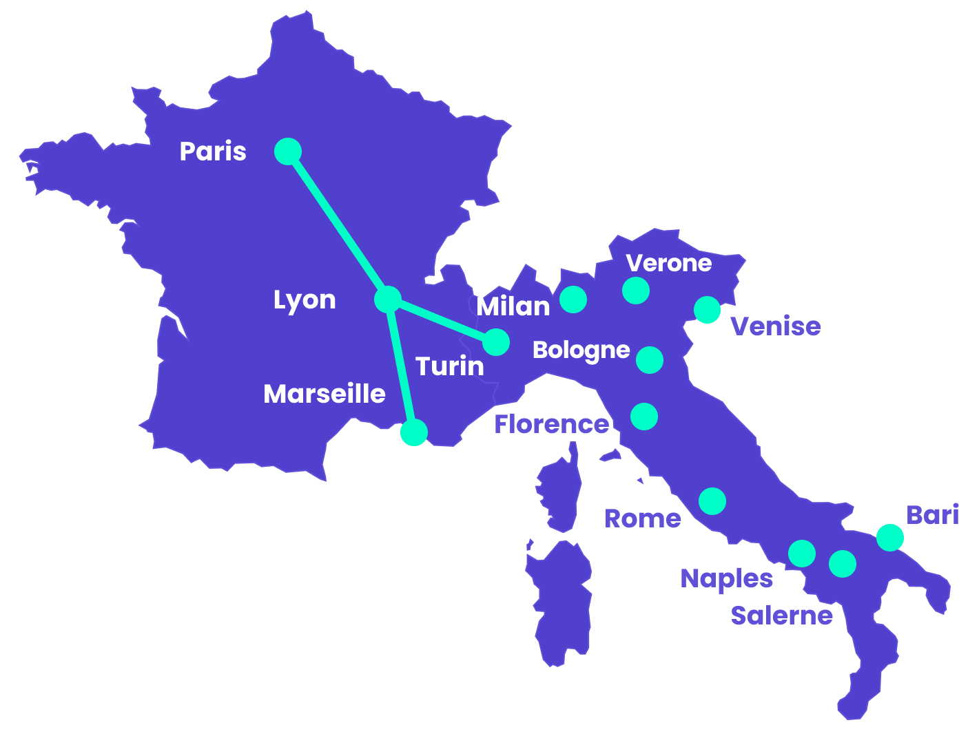 Carte des liaisons Trenitalia entre Paris, Lyon, Marseille et les villes italiennes desservies, de Turin à Bari