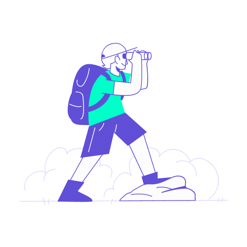 Comparatif Supertripper et Egencia : illustration d'un explorateur avec sac à dos et jumelles analysant les données du marché.