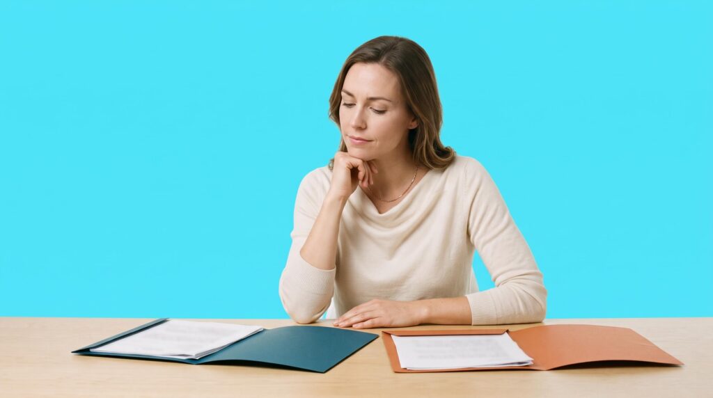 Comparatif Supertripper et Egencia : femme pensive assise à un bureau évaluant deux dossiers ouverts pour comparer les offres.