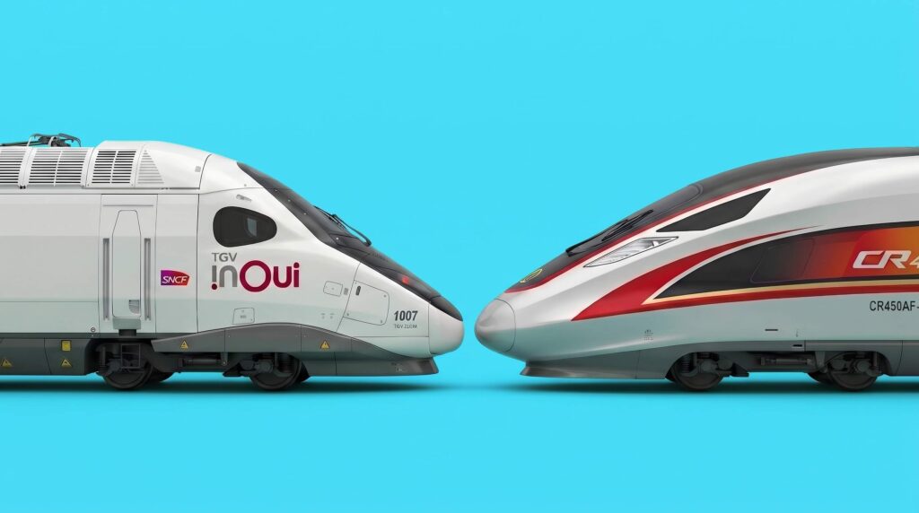 Face-à-face entre un train TGV inOui et un train à grande vitesse concurrent sur fond vert d'eau, illustrant la concurrence SNCF sur le réseau ferroviaire.