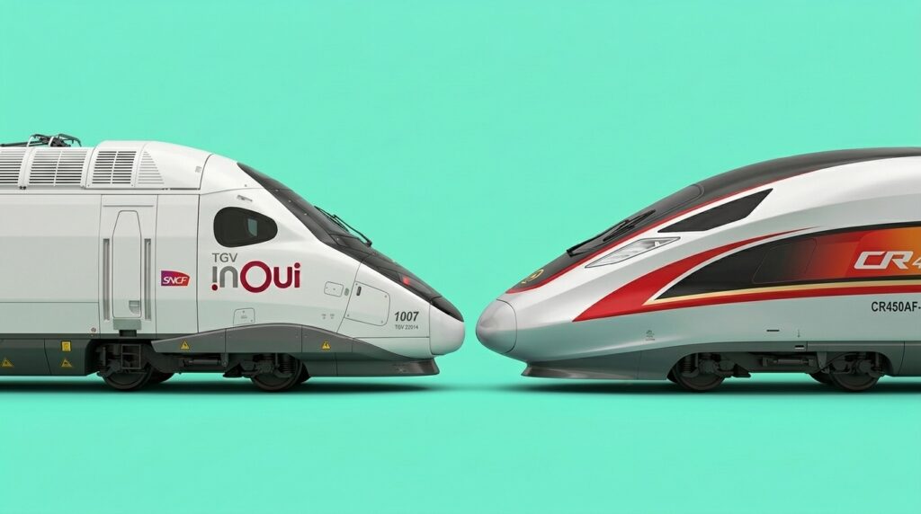 Face-à-face entre un train TGV inOui et un train à grande vitesse concurrent sur fond vert d'eau, illustrant la concurrence SNCF sur le réseau ferroviaire.