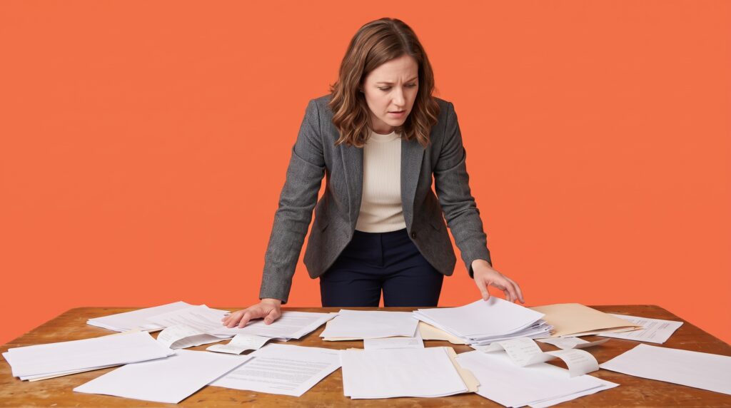 Femme d'affaires dépassée par l'accumulation de reçus et factures sur son bureau avant la mise en place d'une facturation centralisée des voyages d'affaires.