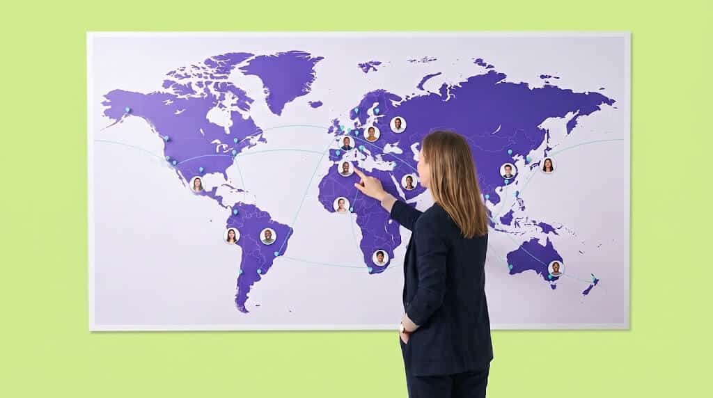 Responsable observant une carte du monde connectée pour localiser ses collaborateurs en déplacement sans les surveiller, assurant leur sécurité à l'international.